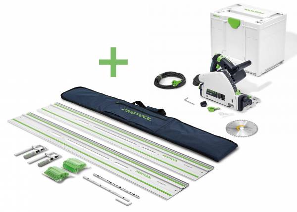 SET: Festool Tauchsäge TS 55 FEBQ-Plus-FS + 2x 1400mm Selbstklebende-Führungsschiene + Verbinder + Tasche