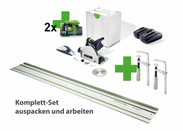 SET: GRATIS AKKU - Festool Akku-Tauchsäge TSC 55 KEB-Basic-5,0 + Führungsschiene FS 1400/2 + Zwingen + Ladegerät