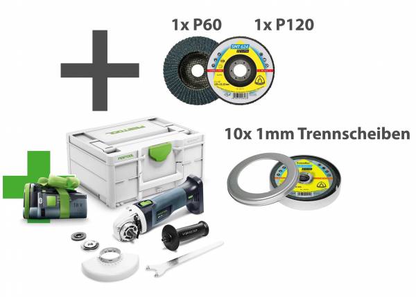 SET: GRATIS AKKU - Festool Akku-Winkelschleifer AGC 18-125 Li EB-Basic + Trennscheiben + Schleifmoppteller