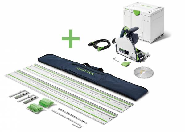 SET: Festool Tauchsäge TS 60 KEBQ-Plus-FS + 2x 1400mm Selbstklebende-Führungsschiene + Verbinder + Tasche