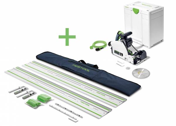 SET: Festool Tauchsäge mit Vorritzfunktion TSV 60 KEBQ + 2x 1400mm Selbstklebende-Führungsschiene + Verbinder + Tasche