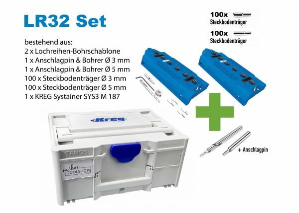 SET: 2x KREG Lochreihen-Bohrschablone + 3mm & 5mm Bohrer + 3mm & 5mm Fachbodenträger im Systainer