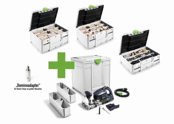 SET: Festool Dübelfräse DF 700 EQ-Plus DOMINO XL + beide Dübelkoffer + Fräser + Dominoadapter + Verbinder-Sortiment D14