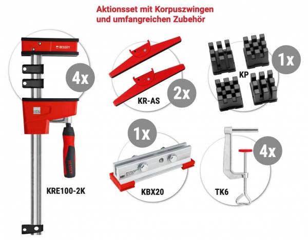 SET: BESSEY Korpuszwingen-Set - 4x KRE100 + Adapter + Verlängerung + Rahmenpressen-Set + Zwingen